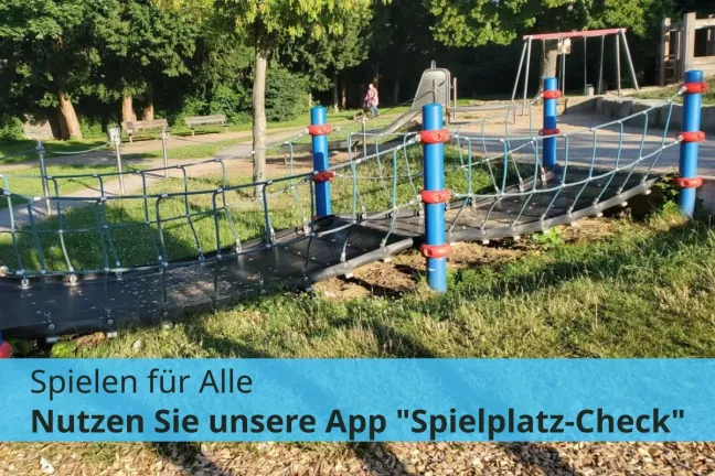 Foto eines Spielplatzes mit dem Text: Spielen für Alle, nutzen sie unsere App Spielplatz-Check