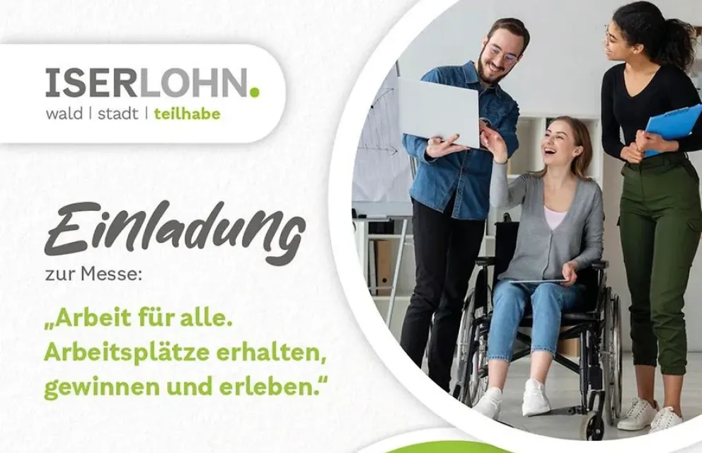 Einladungskarte zur Messe von Iserlohn mit dem Slogan: Iserlohn. wald, stadt, teilhabe.