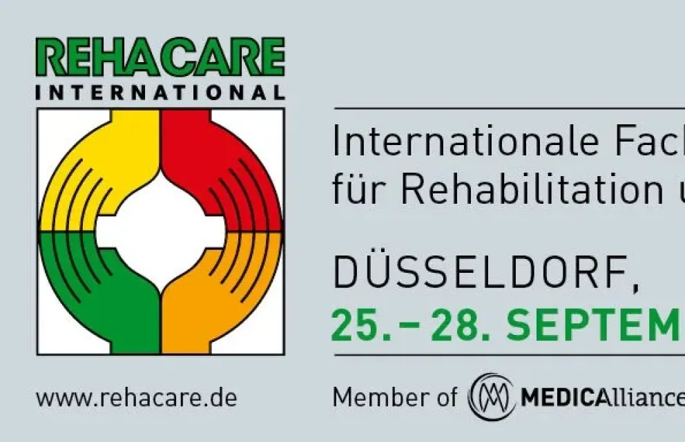 Werbebanner für die Rehacare-Messe, die internationale Fachmesse für Rehabilitation und Pflege in Düsseldorf mit Logo und Daten rund um den Termin.