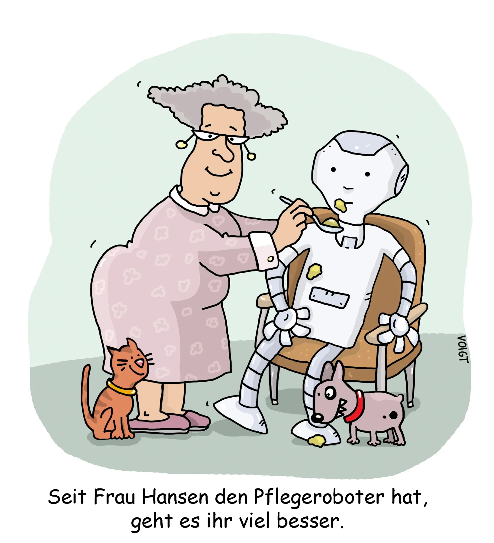 gezeichnetes Bild einer älteren Frau mit grauen Haaren, die einen humanoiden Roboter, welcher auf einem Sessel sitzt, mit einem Löffel Essen füttert. Unter dem Bild steht: „Seit Frau Hansen den Pflegeroboter hat, geht es ihr viel besser“