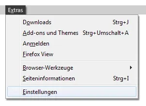 Aufgeklappter Menüpunkt „Extras“ im Firefoxbrowser, Markiert ist der Eintrag „Einstellungen“