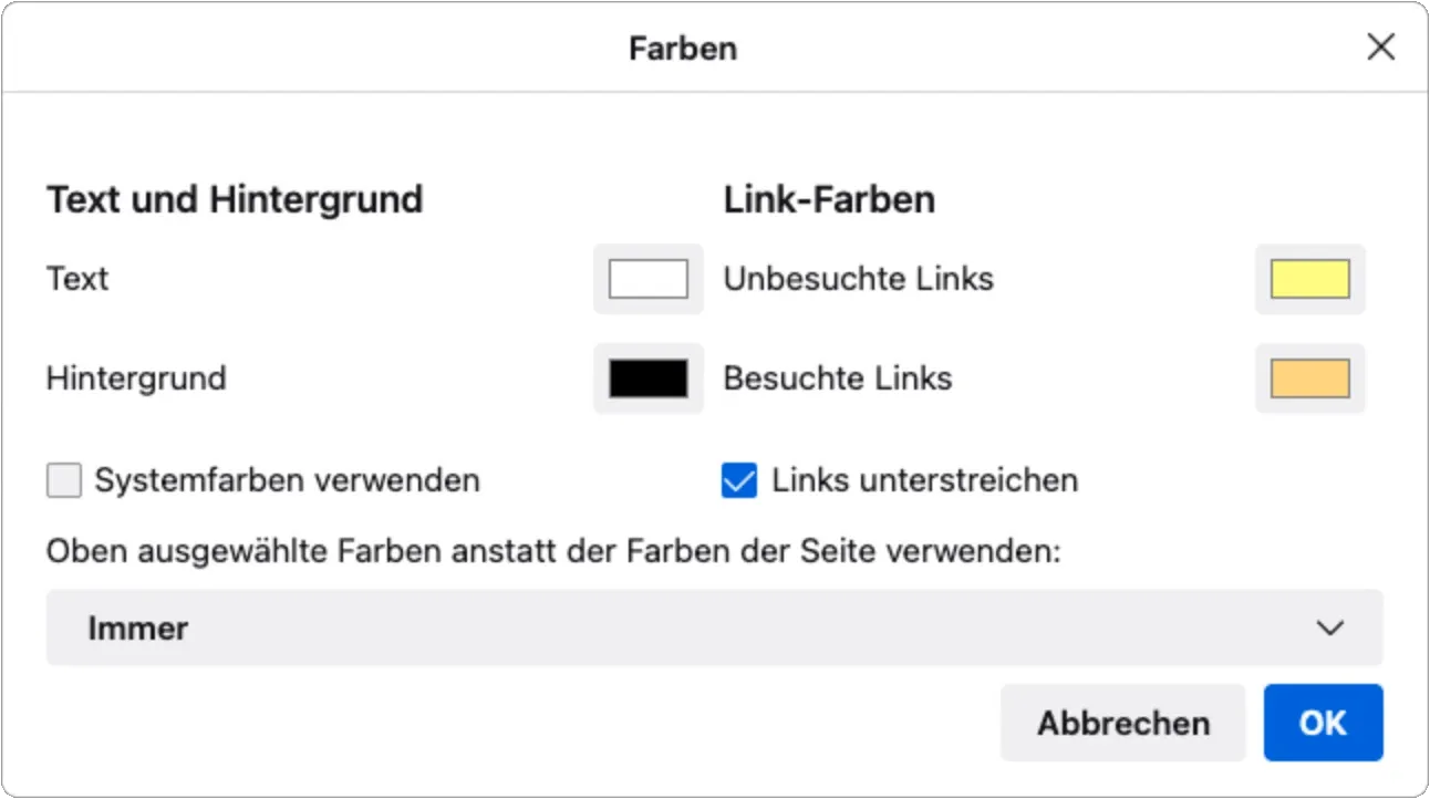 Einstelldialog eines Browsers für die Farben von Text, Hintergrund und Links