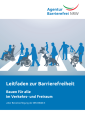 Cover der Broschüre Bauen für alle im Verkehrs- und Freiraum aus der Reihe Leitfaden zur Barrierefreiheit im blauen Agentur Barrierefrei NRW Design.