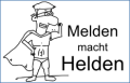 Comic-Helden-Figur mit Slogan Melden macht Helden.