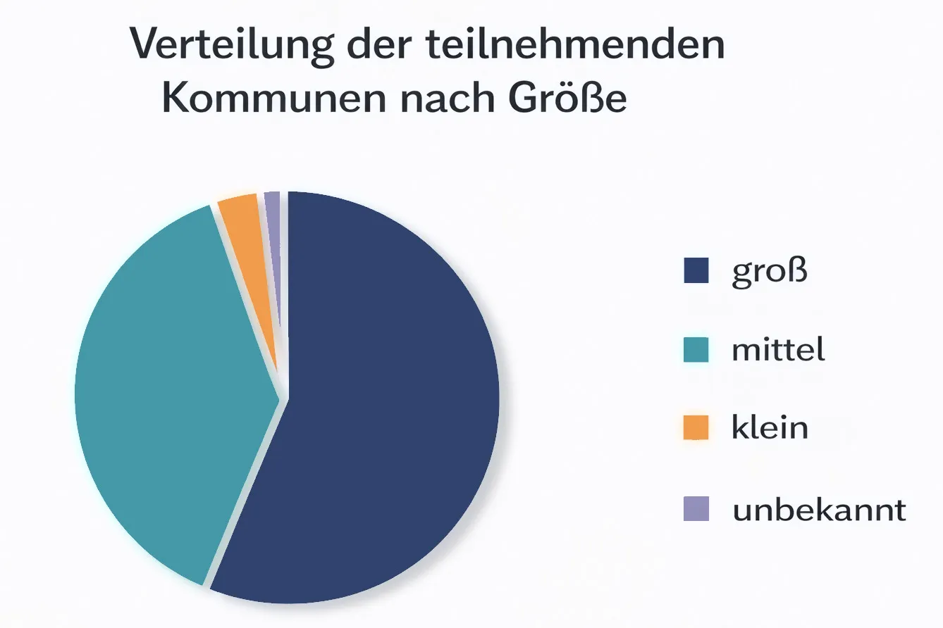 Tartendiagramm: Verteilung der teilnehmenden Kommunen nach Gr&ouml;&szlig;e. Die gr&ouml;&szlig;te Gruppe mit &uuml;ber 50% sind die gro&szlig;en Kommunen, danach mit &uuml;ber ein drittel die mittleren Kommunen. Kleine Kommunen und Teilnehmende, die keine Angaben gemacht haben, sind minimal.