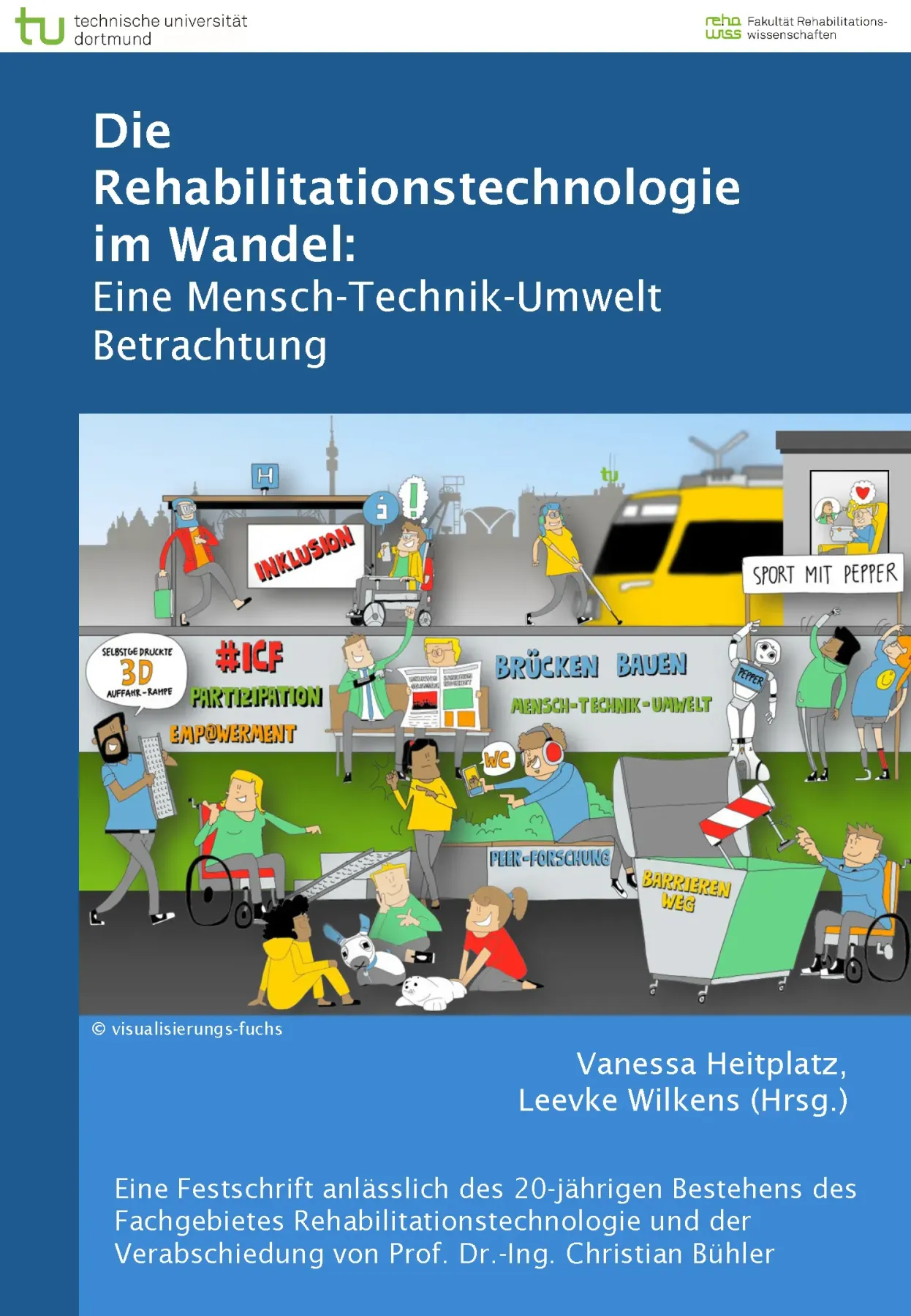 Cover des Sammelbandes Die Rehabilitationstechnologie im Wandel: EIne Mensch-Technik-Umwelt-Betrachtung mit einem Wimmelbild zum Thema Inklusion.