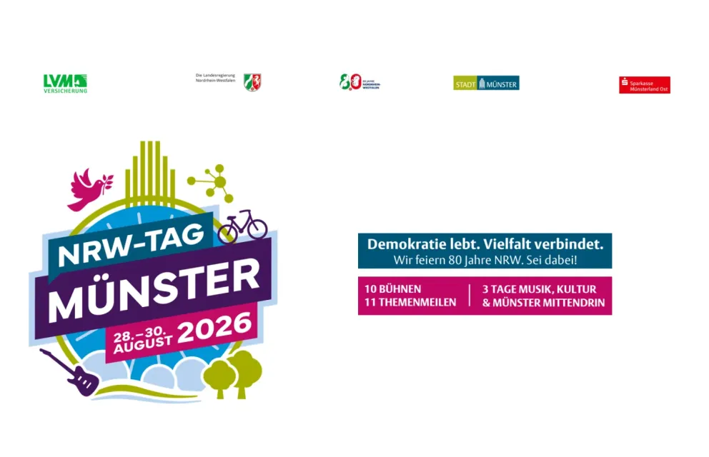 Logo vom NRW-Tag Münster 28. bis 30. August. Demokratie lebt. Vielfalt verbindet. Wir feiern 80 Jahre NRW. Sei dabei. 10 Bühnen. 11 Themenmeilen. 3 Tage Musik, Kultur und Münster mittendrin.