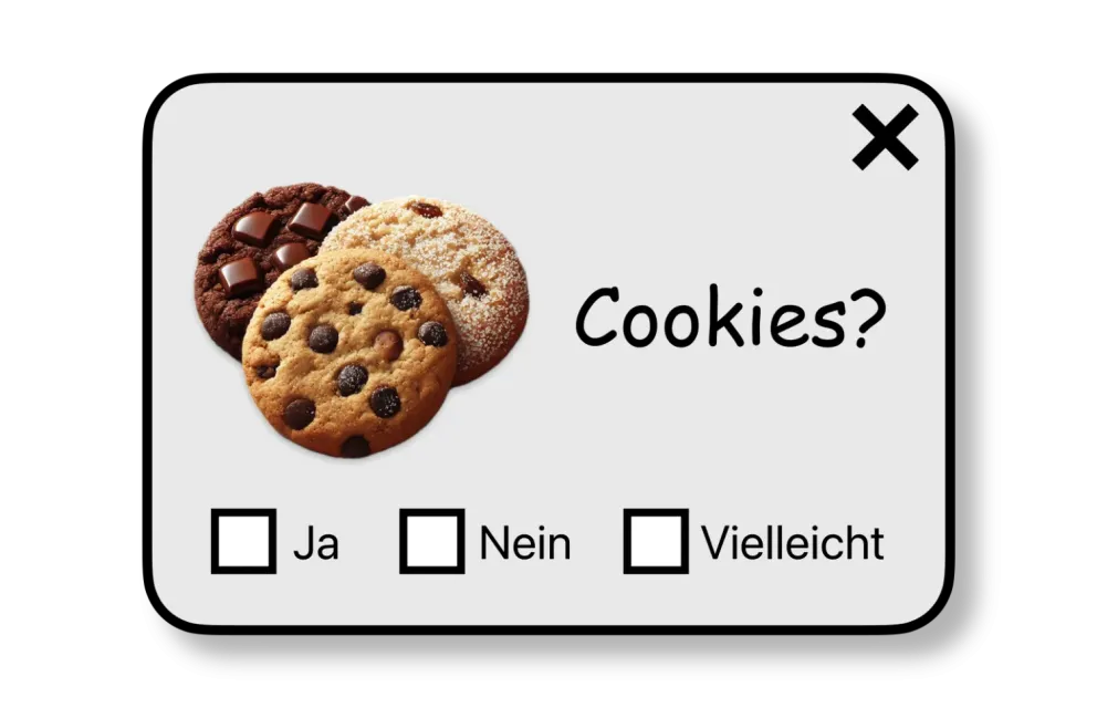 Fiktiver Cookie-Bestätigungsdialog mit den Optionen Ja, Nein, Vielleicht