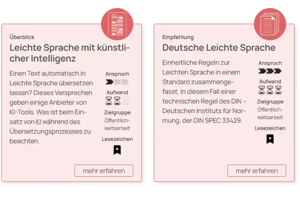 Zwei rote Toolkarten zum Thema Leichte Sprache für die Zielgruppe Öffentlichkeitsarbeit.