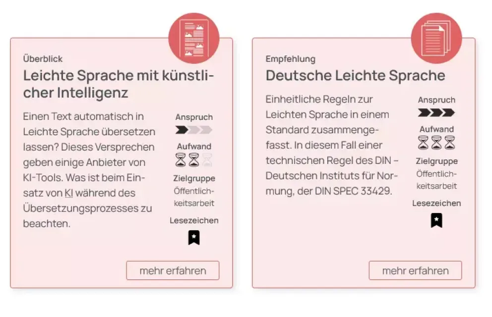 Zwei rote Toolkarten zum Thema Leichte Sprache für die Zielgruppe Öffentlichkeitsarbeit.