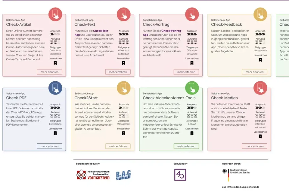 Screenshot aus der Teilhabe 4.0-Toolbox mit einer Liste aller 9 Check-Apps für unterschiedliche Zielgruppen dargestellt durch bunte Karten.