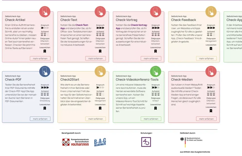 Screenshot aus der Teilhabe 4.0-Toolbox mit einer Liste aller 9 Check-Apps für unterschiedliche Zielgruppen dargestellt durch bunte Karten.