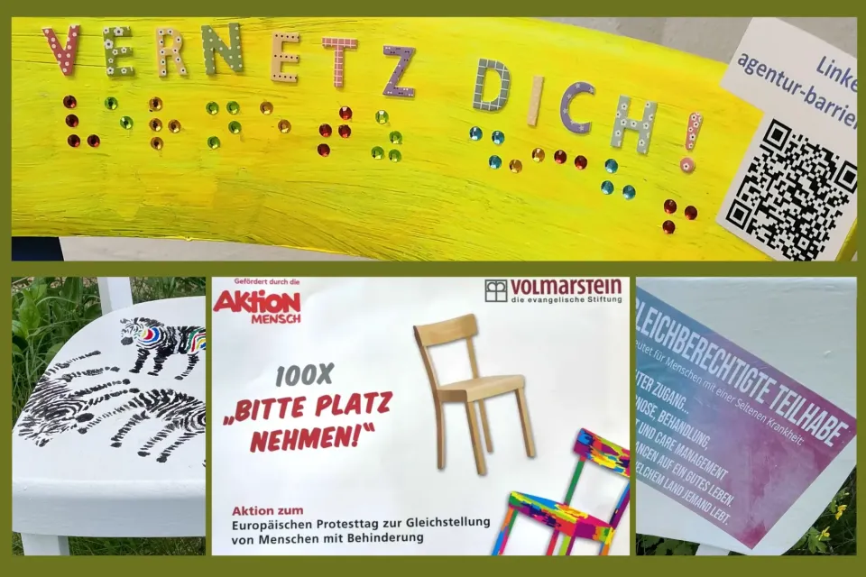 Collage mit Ausschnitten der vom KBV gestalteten Stühle mit dem bunten Schriftzug Vernetz dich als Text und Braille, sowie einem Qr-Code auf der gelben Stuhllehne und Ausschnitten eines weiteren weißen Stuhls zu seltenen Erkrankungen, der mit Zebras gestaltet wurde.