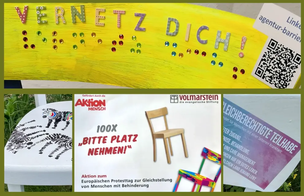 Collage mit Ausschnitten der vom KBV gestalteten Stühle mit dem bunten Schriftzug Vernetz dich als Text und Braille, sowie einem Qr-Code auf der gelben Stuhllehne und Ausschnitten eines weiteren weißen Stuhls zu seltenen Erkrankungen, der mit Zebras gestaltet wurde.