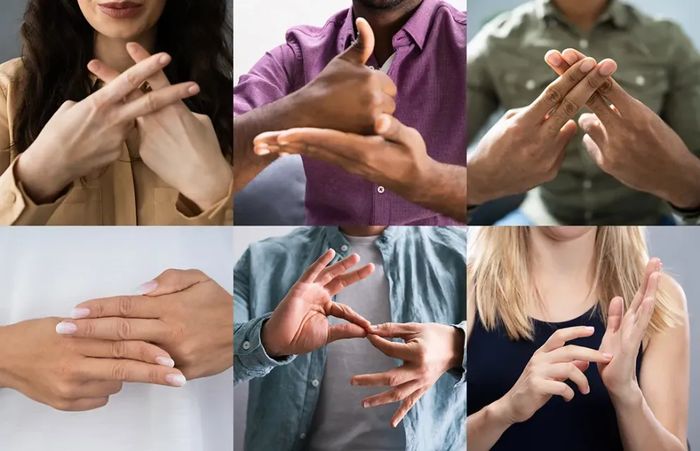 Fotocollage aus 6 Einzelbildern, die unterschiedliche Gebärden zeigen.