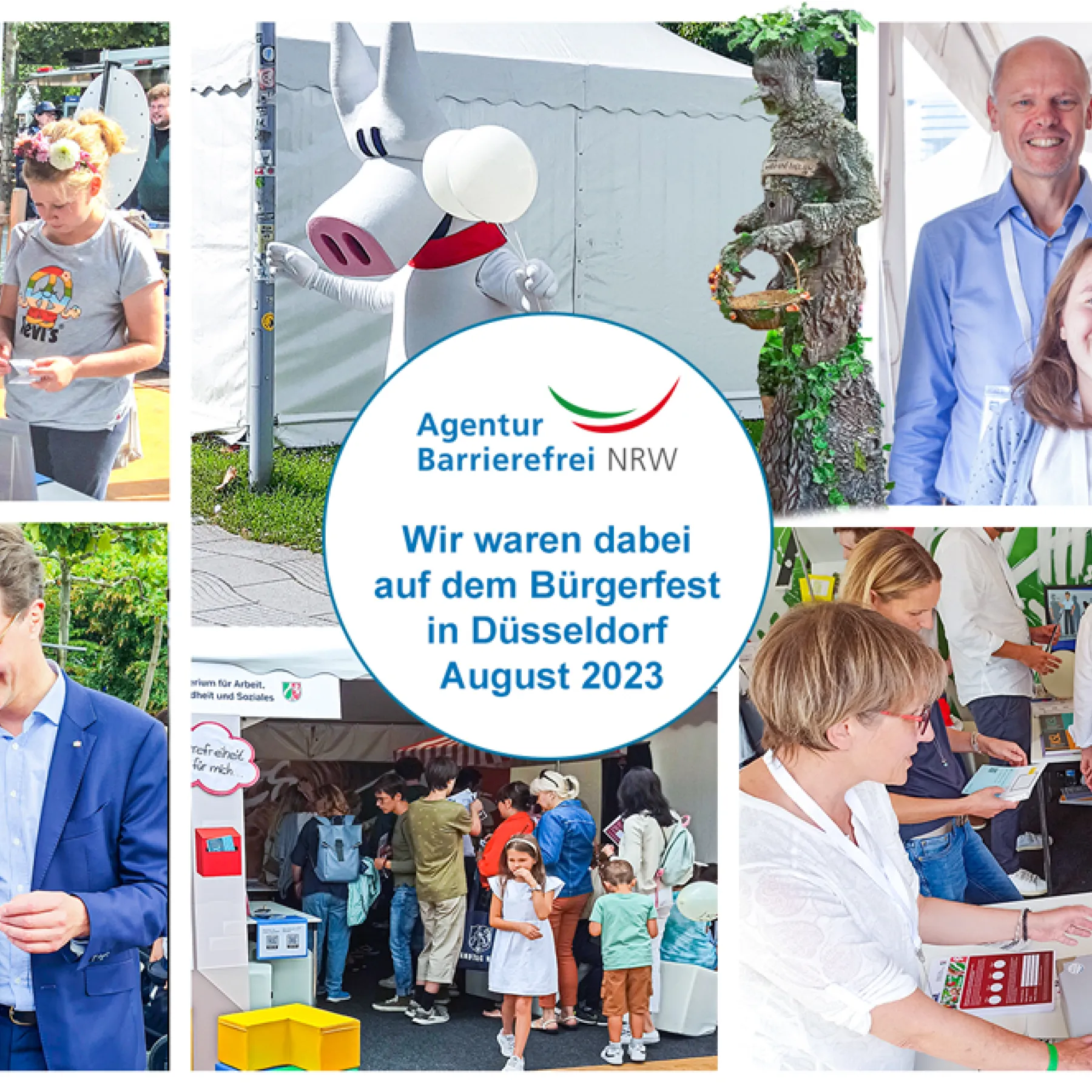 Bildercollage mit Logo der Agentur Barrierefrei NRW und dem Zusatz Wir waren dabei auf dem Bürgerfest in Düsseldorf August 2023