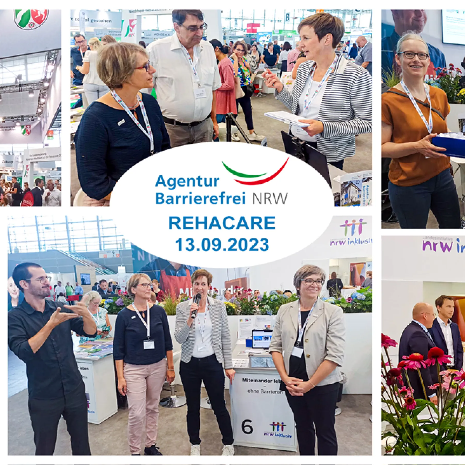 Bildercollage von der REHACARE 2023 mit Logo der Agentur Barrierefrei NRW und dem Zusatz REHACARE 13.09.2023