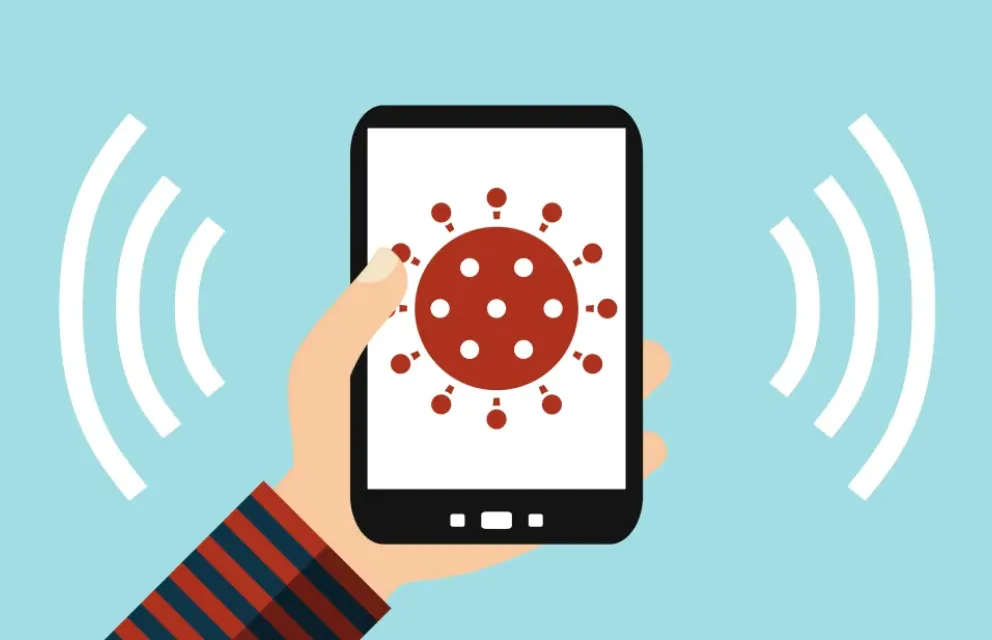Grafik zeigt eine Hand, die ein alarmgebendes Mobilgerät hält. Auf dem Bildschirm ist ein Virus zu sehen. Links im Bild ist das Piktogramm eines Mannes, rechts das einer Frau dargestellt.